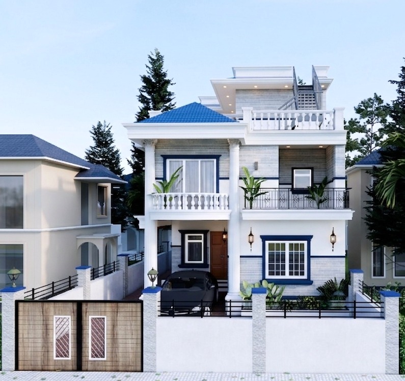 Modern two-story residential house design with navy blue accents — Build Engineering Pokhara