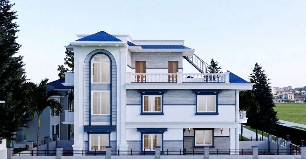 Three-story contemporary home architectural render — Build Engineering Pokhara