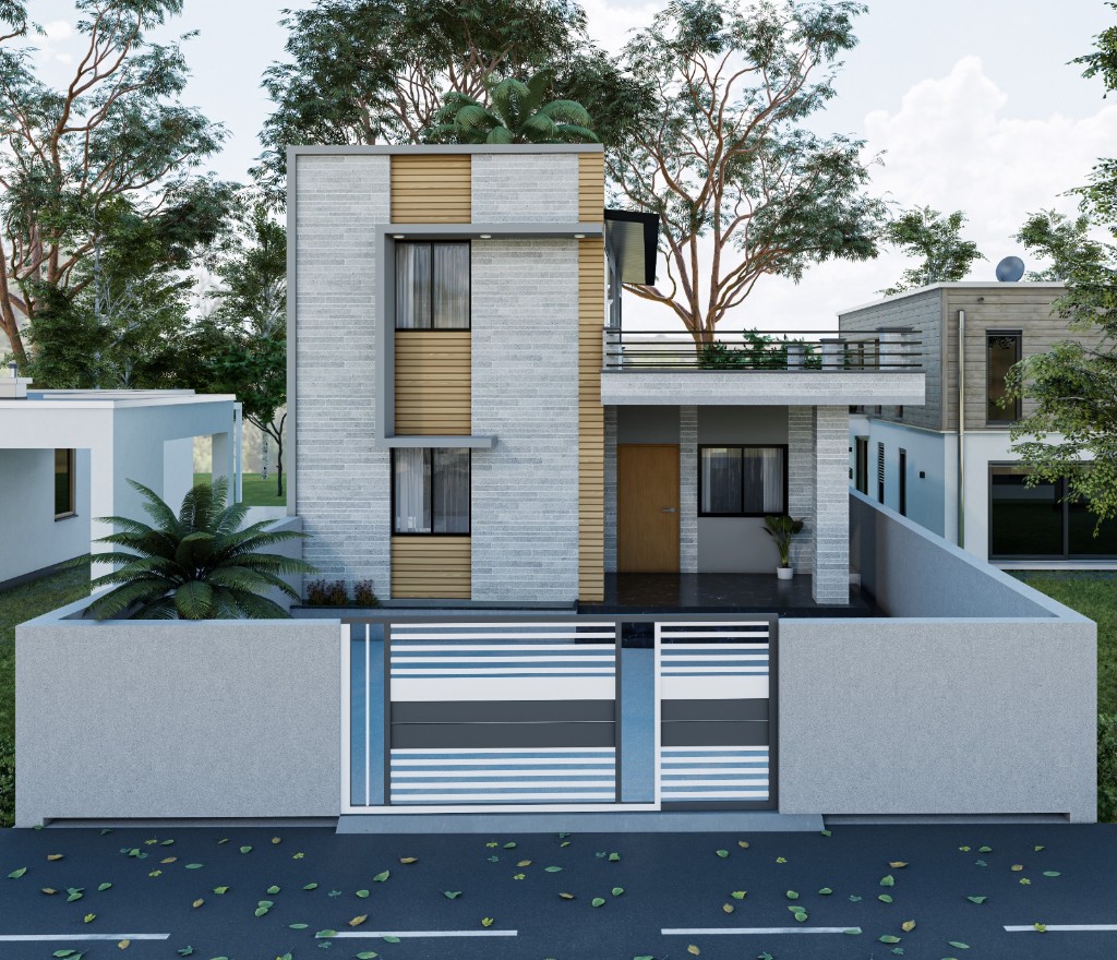 Minimalist residential facade with wood and brick textures — Build Engineering Pokhara