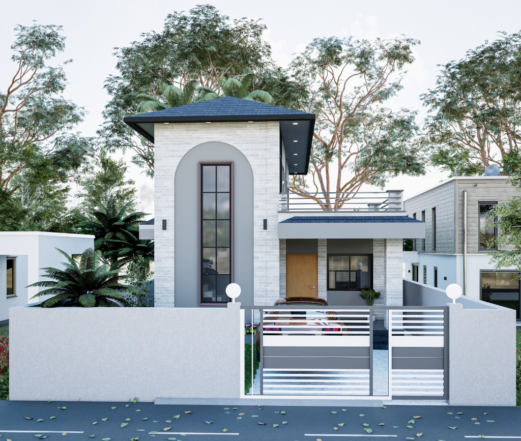 Modern grey-tone two-story house with arched feature wall — Build Engineering Pokhara